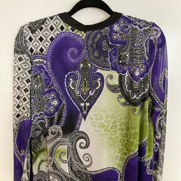 Chico's Black Label, Size 1 , Printed Mesh Cardigan, Woven Top Multi Color - Picture 5 of 13